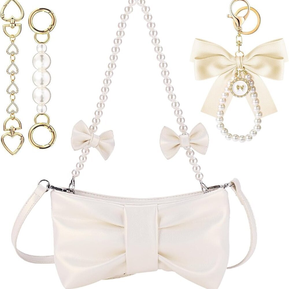 Pearl Bow Leather Crossbody Purse with Extenders for Women Elegant Gift - Picture 1 of 6